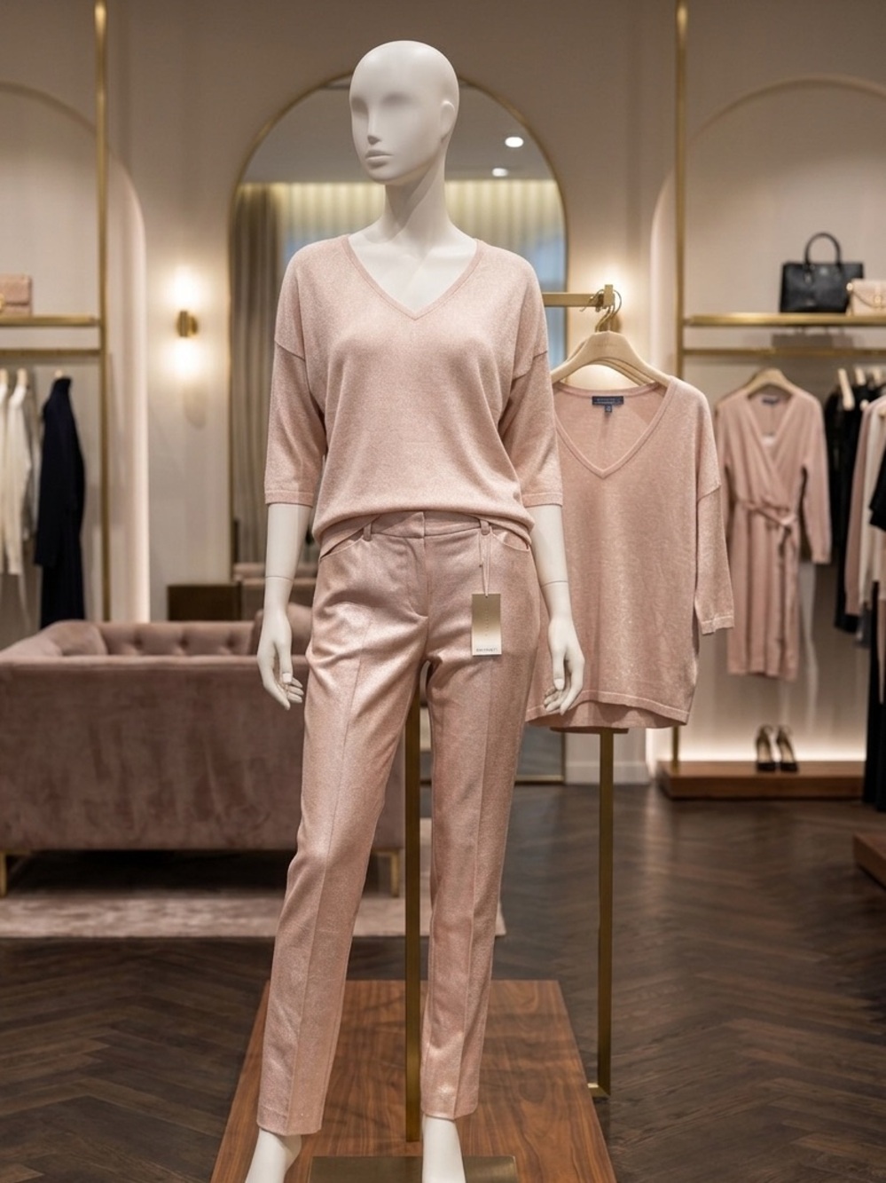 Blush Pink V‑Neck Knit Top (Cable & Gauge)  & Cropped Pants (Old Navy)